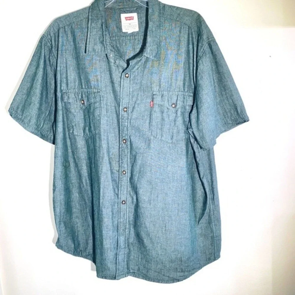 Levis Men Shirt Button Down 2XL Green Short Sleeve Cotton Oxford 2X 🦭